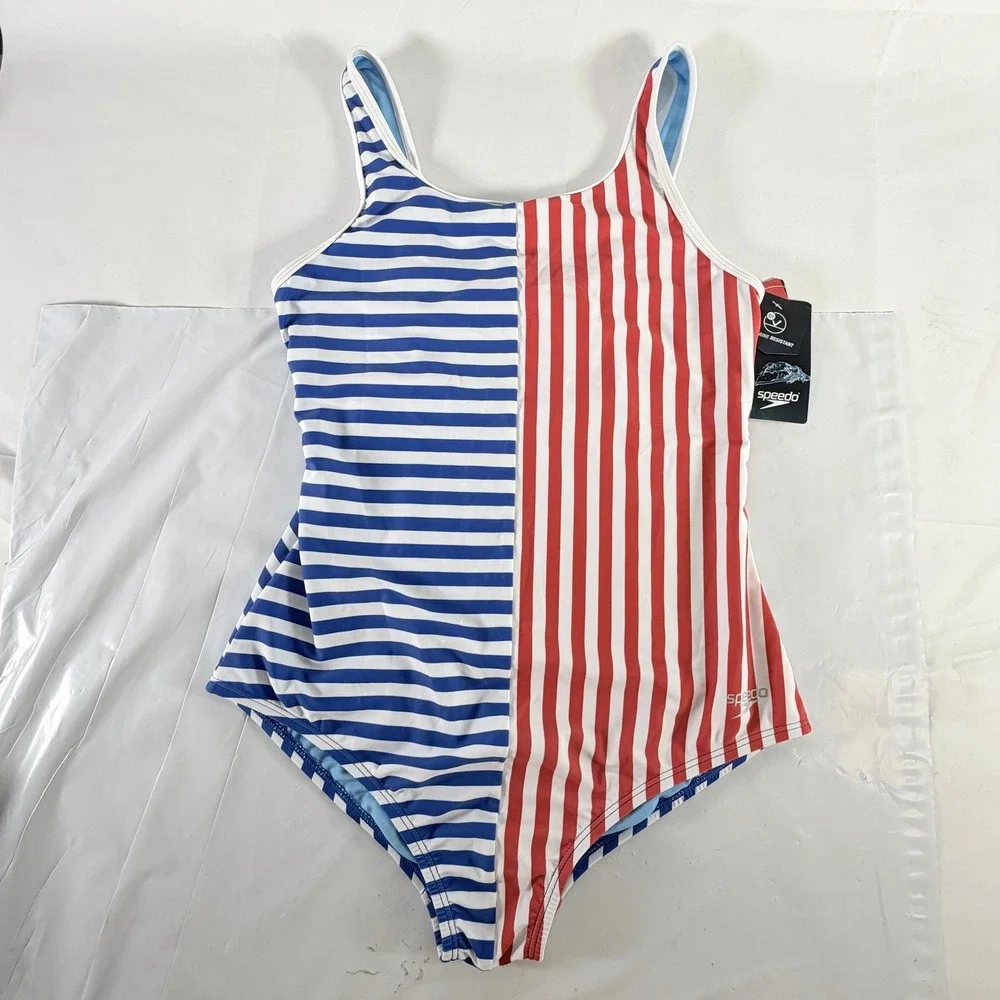 Speedo Girls One Piece Patriotic Stripe Blocked Swimsuit‎ True Cobalt Size 16